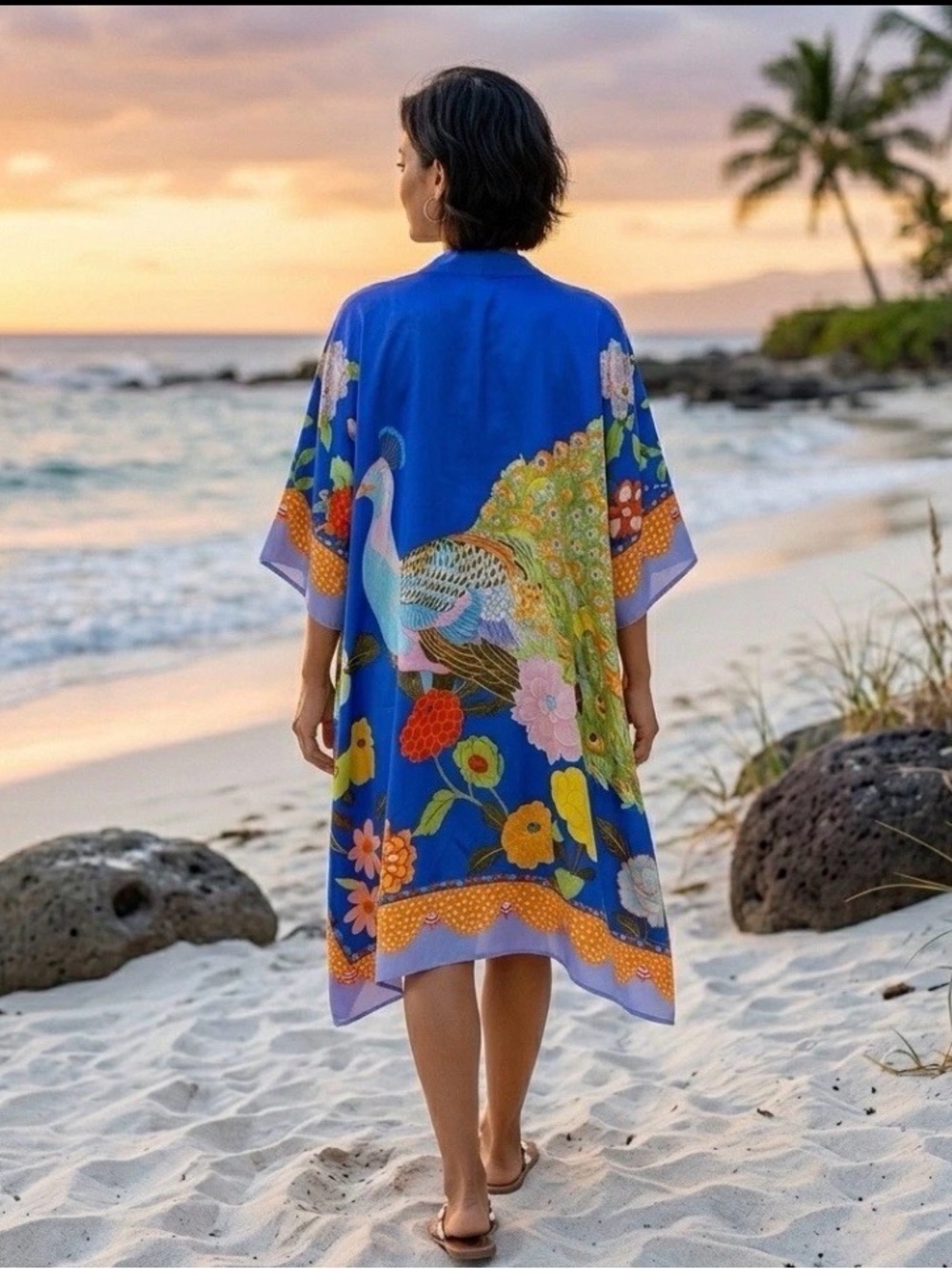 Margot Elena Peacock Kimono Wrap 100%Bemberg Artsy Vibrant Oversize Lagenlook OS - Picture 2 of 8